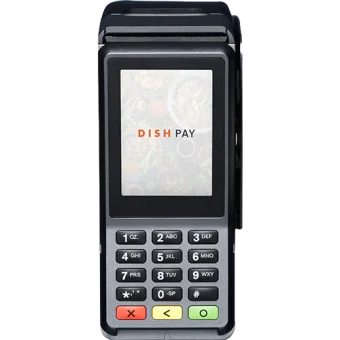 Dark gray payment terminal with buttons