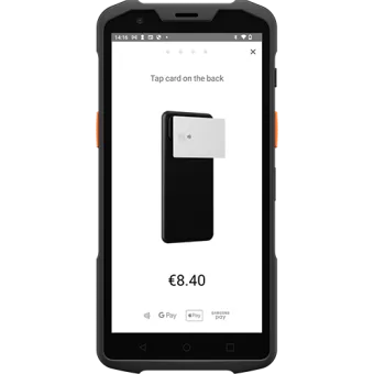 Dark gray tap-to-pay handheld device with large touchscreen