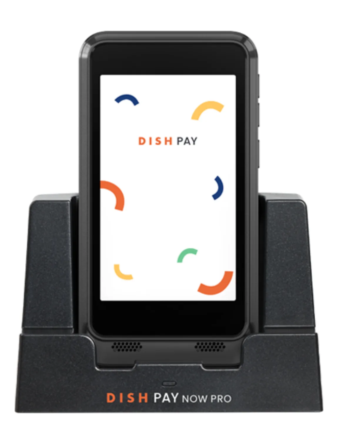 A DISH Pay Now Pro card reader device in its black charging dock. The screen is displaying the DISH Pay welcome message.