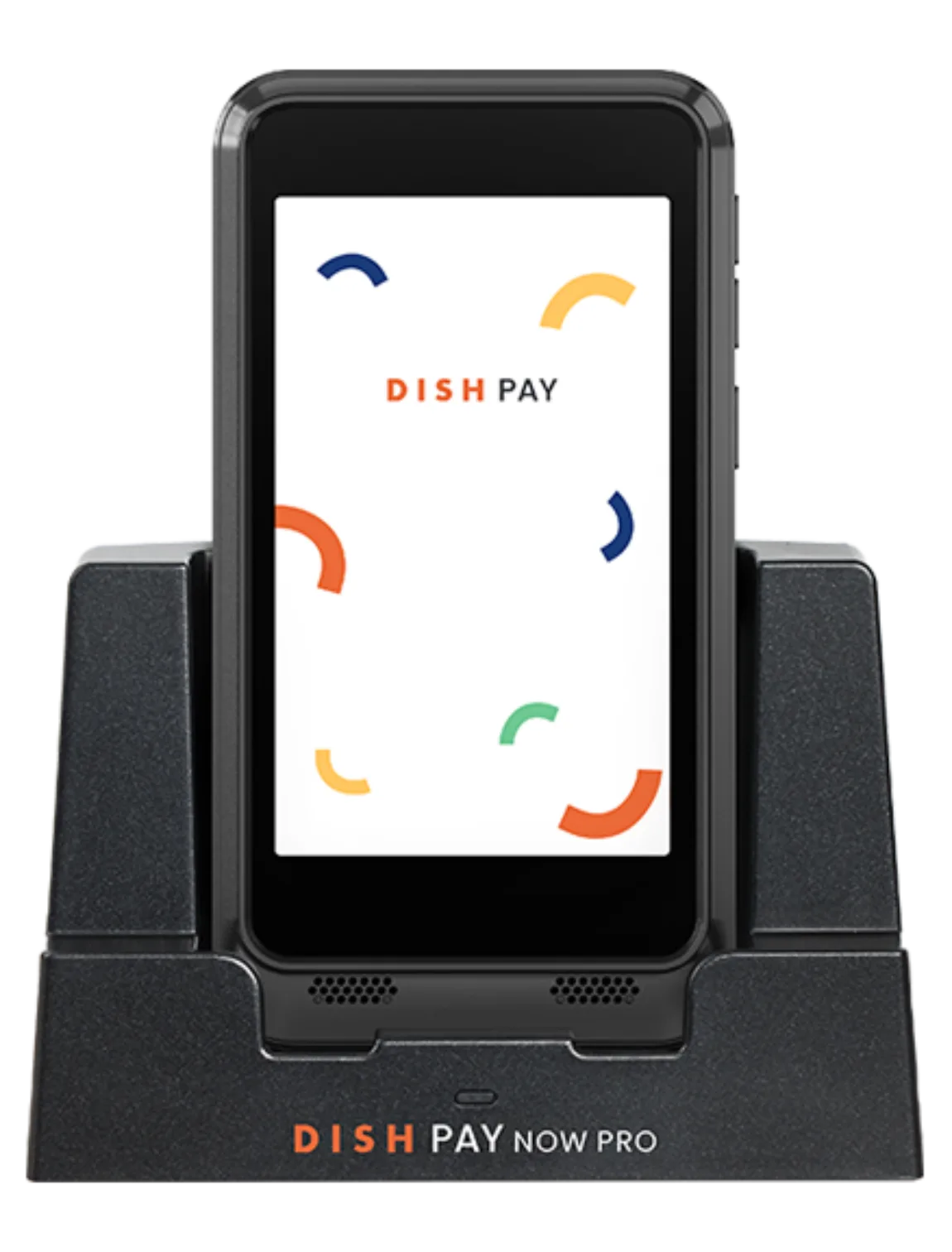 A DISH Pay Now Pro card reader device in its black charging dock. The screen is displaying the DISH Pay welcome message.