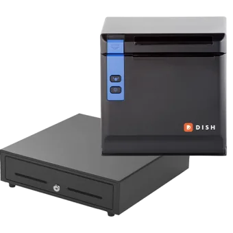 Imprimante de reçus noire et tiroir-caisse noir