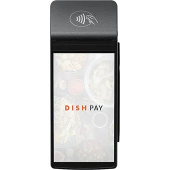 Dunkelgraues Bezahlterminal mit großem Touchscreen